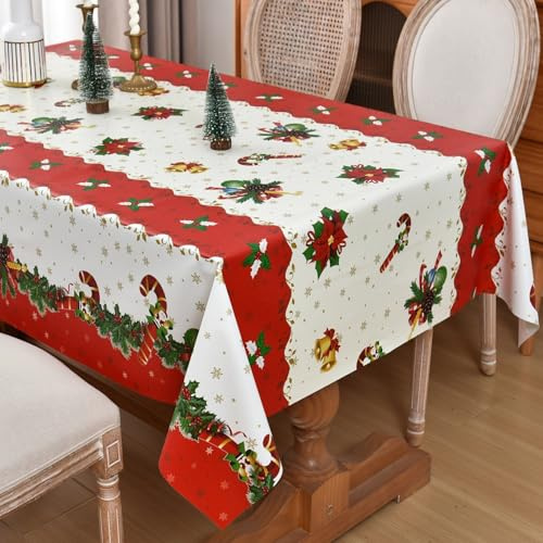 Yofori Christmas Table Cloth Wipe Clean, Red Xmas Tablecloth Rectangular Waterproof Wipeable Vinyl PVC Plastic Table Cover for Festival New Year Christmas Party, 137x180cm