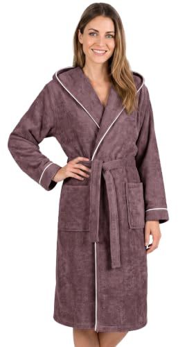 LAYNENBURG Bademantel Damen Frottee - Kapuze - Lang - 100% Baumwolle (360g/m2) - OEKO TEX Standard 100 - Größe S, M, L, XL, XXL, 3XL