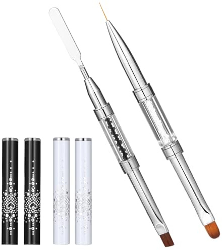 2PCS Dual-Ended Nail Art Brushes, Oval and Flat Professional Nail Art Gel Brushes for Nails, Gel Liner Brushes with Rhinestone Handle, Nail Art Tools for Acrylic Nails Home Nail Design