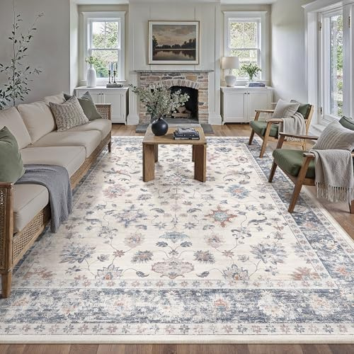 PureCozy Teppich Wohnzimmer 300x400cm Waschbarer Teppiche,Blau&Weiß | Blumenmuster,Waschbar, Rutschfest, Kurzflor, Weich, Schlafzimmer, Esszimmer, Büro, Flur, Kinderzimmer