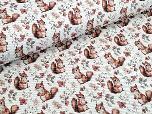 Eigenproduktion Rib Jersey Eichhörnchen auf Cremeweiß Stoff Meterware Kleiderstoff