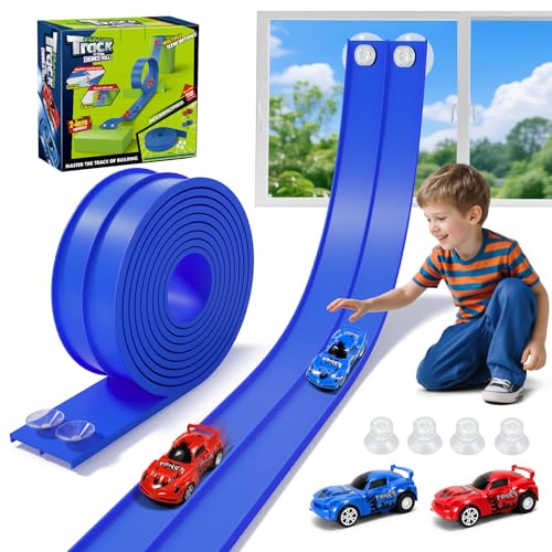 Autorennbahn 5M Inklusive 2 Autos: KETIEE Flexible Rennstrecke Auto Rennbahn Spielzeug Autobahn Kinder Rollt Auf Tragbare Dual Rennstrecke Rampen für 1/64th Autos für Alter 3+, Königsblau