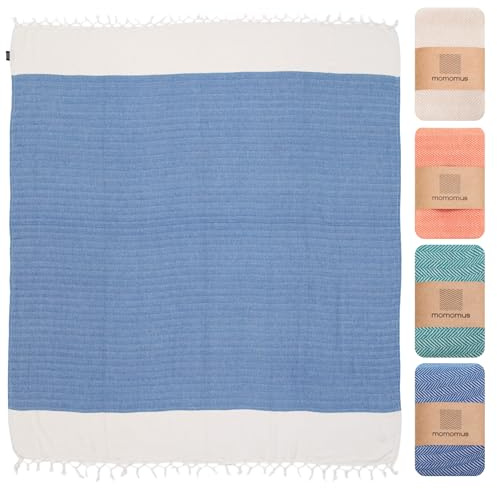 MOMOMUS Strandtuch 90x170 cm, 100% Baumwolle, Fouta-Hamamtuch, Blau | Absorbierende Fouta aus 100 % Baumwolle zum Abtrocknen und Einwickeln; leicht und kompakt, mit Zickzackgewebe und Fransen.