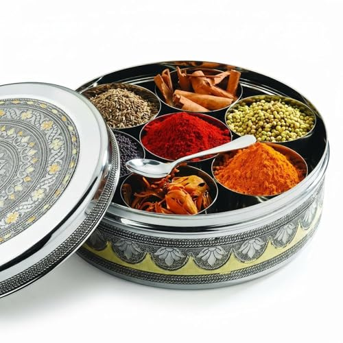 Bub Designer Spice Tin Masala Dabba 22.5cm | Handmade India, 7 Pots
