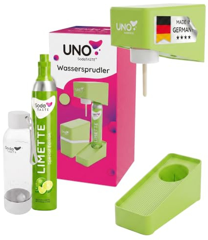 UNO Wassersprudler – modular & ohne Strom | kompatibel mit allen CO₂-Zylindern mit Standard-Drehgewinde | Set inkl. 1L-Wasserflasche & CO₂-Zylinder Limette & Flaschentrockner (Limettengrün)