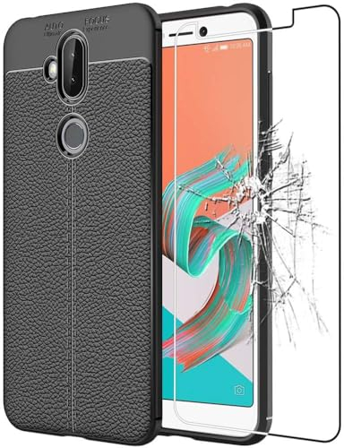ebestStar - Coque Compatible avec ASUS Zenfone 5 Lite ZC600KL Etui Housse Silicone TPU Souple Anti-Choc Motif Cuir, Noir + Film Verre Trempé [Appareil: 160.6 x 76.2 x 7.8mm, 6.0'']