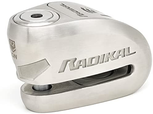 RADIKAL RK910S Bloccadisco Moto con Allarme 120dB ON/OFF, Omologato SRA et Sold Secure, Serratura Alta Sicurezza a Doppia Chiusura 10mm, Batteria Lunga Durata, Acciaio Inox, Antifurto Lucchetto Moto