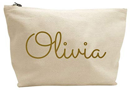 Treat Me Suite Personalised Name Make up Accessory Wash Bag in Black or Natural Colour. Metallic or Glitter Print Presents Birthdays (Black Colour Bag, Metallic Light Gold)
