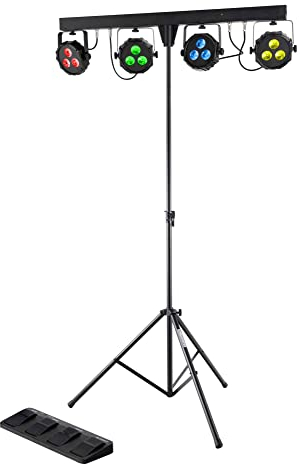 Showlite LB-427 LED RGB Komplett-Lichtanlage - vier PAR-Spots mit je 3 St. 9W LEDs - steuerbar via DMX 512, Wireless-Fußpedal oder manuell, inkl. Stativ, Fußfernsteuerung und Transporttasche