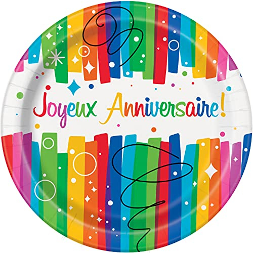 Unique Party- Assiettes en Carton Écologiques-23 cm-Fête à thème Joyeux Anniversaire Ruban Arc-en-Ciel-Paquet de 8, 56905EU, Multicolour