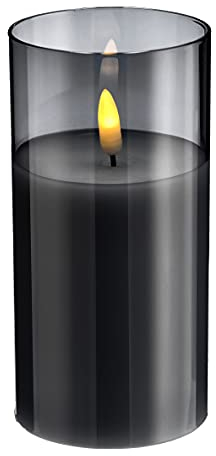 MIK funshopping LED-Kerze aus Wachs im Glasbehälter, flammenlos, realistisch flackernd, batteriebetrieben. (Höhe 15 x Ø 7,5 cm, grau)