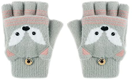 Fäustlinge mit Knopf Klappe Fingerlose Handschuhe für Kinder Kleinkinder Winter Warm Strickhandschuhe Plüschfutter Winterhandschuhe Herbst und Winter Fingerhandschuh Unisex (Fuchs-Grün)