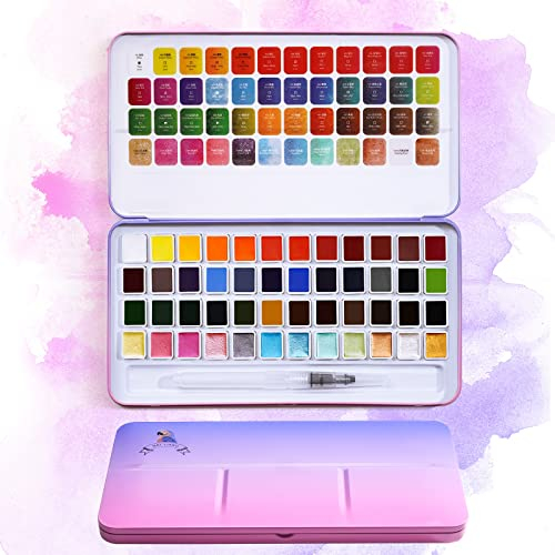 MeiLiang Kit de peinture aquarelle 48 couleurs vives avec 12 paillettes métalliques unies dans une boîte de poche et un pinceau aquarelle, parfait comme cadeau artistique, convient pour les