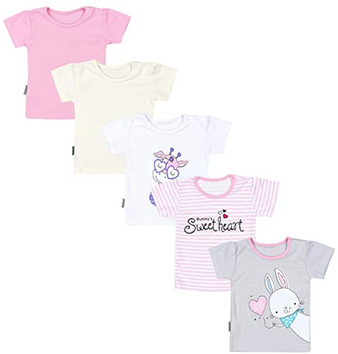 TupTam Camiseta de Bebé para Niña Manga Corta Estampado Colorido Pack de 5, Raya/Jirafa/Conejo/Rosa/Blanco/Gris, 104