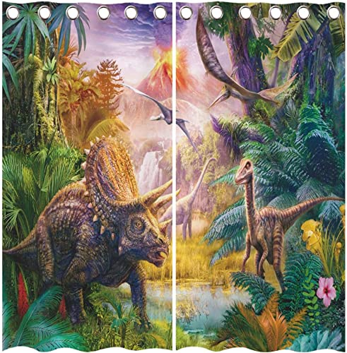 Vorhang Dinosaurier Blickdicht Gardinen mit Ösen 3D Druck Alter Wald Blickdichte Vorhänge Wärmeisolierend Vulkan Vorhang verdunkelung Wohnzimmer Schlafzimmer 2 Stück 75x166 cm (BxH)