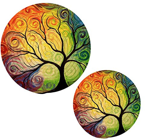 Kcldeci Lot de 2 dessous de plat colorés en forme d'arbre de vie pour cuisine, 100 % coton, dessous de plat de cuisine pour comptoir de table, tapis de cuisson