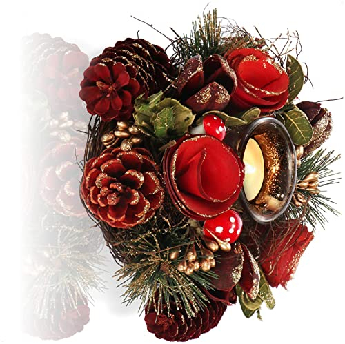 CHAMEEN Teelichthalter Dekorativer Kerzenständer Weihnachten für und Herbst Kerzenhalter mit Natürlichen Materialien Handarbeit Adventsgesteck Rote Blume 1 Kerze