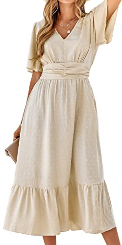 BebreezChic Sommerkleid Damen Lang Boho Elegant Kurzarm V-Ausschnitt Hohe Taille Swiss Dot Gerafft Blumen Strandkleid Maxikleid, Beige S
