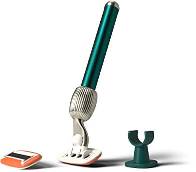 Fler The Razor Starter Set – Damenrasierer mit Austauschbaren Rasierköpfen, Rasierer mit Halterung und 2 Ersatzklingen, Unisex-Rasierer, Rasierklingen mit Aloe Vera, Vitamin E, Pine Green