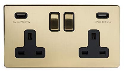 Soho Lighting Brushed Brass 2 Gang Double 3.1 Amp USB Socket Blk Ins Screwless