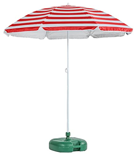 Harbour Housewares Red Striped Beach Parasol with Base - 1.74 x 1.93m - UPF 50+ Portable Garden Umbrella with Green Base Lightweight UV Sun Protection Umbrella for Picnics, Garden and Beach Days