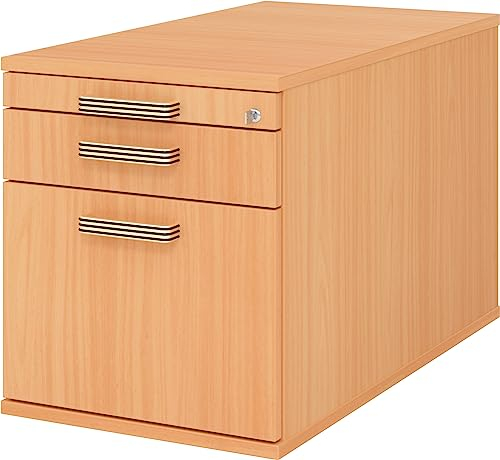 bümö Rollcontainer mit Hängeregister für Hängeordner, Container abschließbar in Buche - Rollwagen mit Hängeregistratur als Schreibtisch Unterschrank od. Bürocontainer m. Streifengriffe