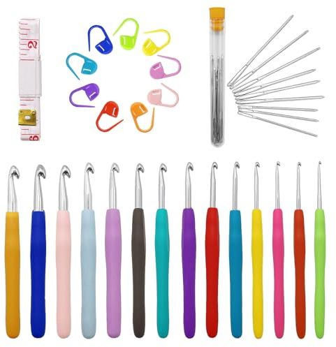 14 Stück Häkelnadeln Set in Voller Größe, 44 Stück Häkelset für Anfänger mit Häkel Zubehör,Ergonomische Häkelnadel Soft Gummi Häckelnadel Häkelhaken Set(2.0mm-10.0mm)