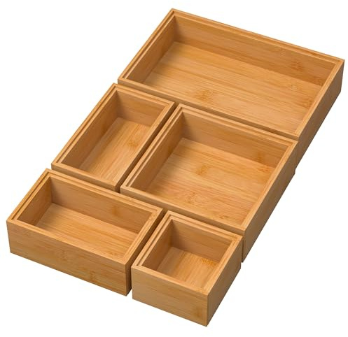 Exabang 5-teiliges Schubladen Organizer, Bambus Box Stapelbar (Natur) | Badezimmer Küchen Organizer Box, Größen für Make up, Küche, Bad & Büro