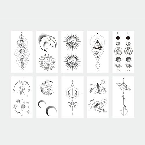 A Set Of 10 Sun, Moon, Stars, Collarbone, Black And White Sun, Moon And Planet Waterproof Tattoo Stickers Temporary Tattoos Fake Tattoo
