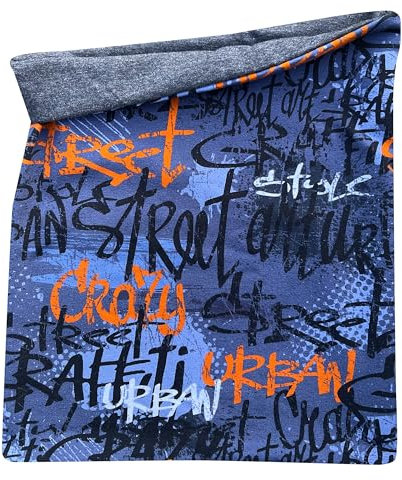 Wollhuhn Kinder Long Loop MAXI Halswärmer/Schlupf-Schal Extra Lang Jungen/Mädchen Viele Motive 20240201 (Baumwolljersey, Skater Grau/Orange)