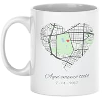 C&P Taza mapa del amor donde empezo todo, personalizada con tu ubicacion favorita, blanco brillo 350 ML (CORAZON COLOR)