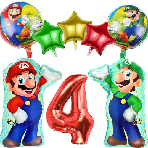 8 Stück Mario Geburtstagsdeko Kinder 4 Jahre, Mario Bros Luftballons Geburtstag 4 Jahre, Folienballon Party Deko, Mario Ballons 4 Geburtstag für Kindergeburtstag Party Deko