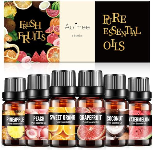 Aofmee Fruity Essential Oil Set, 6 x 10ml Essential Oils for Diffuser, Humidifier, Home Fragrance Oil for Soap, DIY Candle Making Scents, Cleaning, Premium Aromatherapy Oils for Sleep