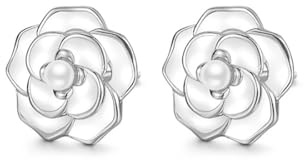 Reffeer 925 Sterling Silver Camellia Flower Studs Earrings for Women Earrings Flower Stud Earrings Cute Pearl Studs (A-Silver)