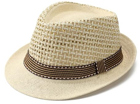 Summer Straw Fedora Hat for Men Youth Boys Packable Panama Trilby Hats Vintage Jazzy Cap Outdoor Cool Breathable Mesh Sun Hat for Travel Beach Holiday, Dad Boyfriend Gift Beige