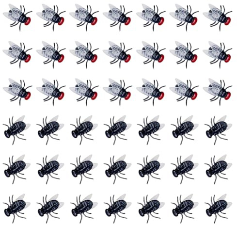 JIHUOO 100 Stück Mini-Kunststofffliegen, realistische Fliegen, künstliche Insekten, Streich, Käfer, Trick, Witz, Requisiten, Aprilscherz-Requisiten, Halloween-Partygeschenke