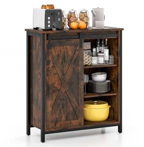 COSTWAY Aparador, Mueble de Almacenamiento con Estantes Ajustables de 3 Niveles, Puerta Corredera de Granero, Armario de Cocina Rústico de 30 x 70 x 81 cm, para Sala de Estar, Marrón y Negro