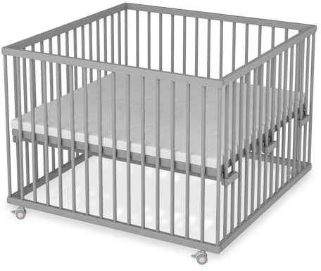 Sämann Laufstall Baby mit Lattenrost und Matratze | stufenlos höhenverstellbar | Laufgitter Premium | Babybett aus Holz | Krabbelgitter (grau, 100x100 cm)