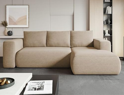 MODERNO Ecksofa mit Schlaffunktion und Bettkasten LAMBI - Sofa mit 3 Sitzen und Robusten Überzug - Schlafcouch L-Form - Modern Couch 266x164x89 cm - Ecke Rechts Beige