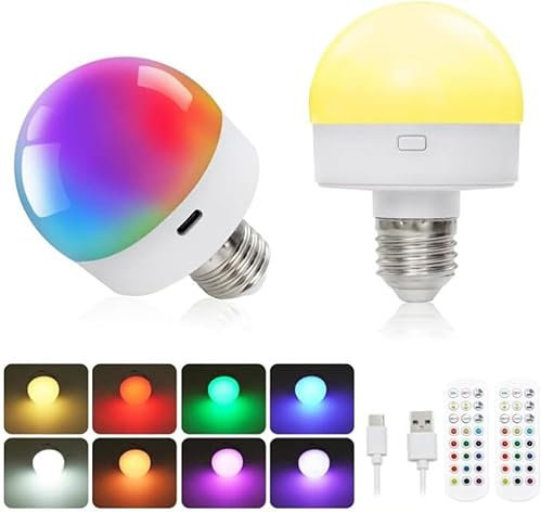 FotuYogo USB Rechargeable Light Bulb with Remote Control Timer, 2Pcs 3W 16 Colourful Dimmable Battery Powered Light Bulbs E27 Detachable Charging LED Bulb for Non Hardwired Lamps, Wall Sconce,Home