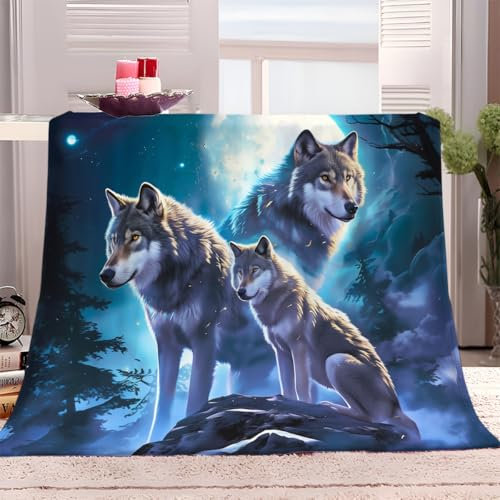 Kuscheldecke Fleecedecke 100x130 cm Tier Wolf Flauschig Decke Warme Sofa Decke, Kuschlige Wohndecke Weich Wohnzimmer Couchdecke Sherpa Decke für Winter