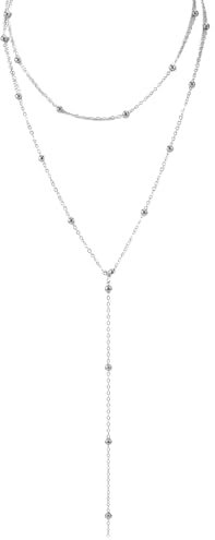 Mikovivi Lange Mehrreihige Halskette für Damen, Trendig Y-Förmig Lasso-Tropfenhalsketten Schlicht Halskette mit Perlenkettenanhänger Modisches Schmuckgeschenk (Silber)