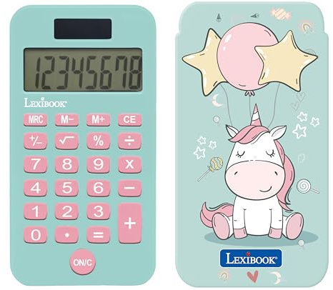 Lexibook, Licorne, Calculatrice de Poche avec Couvercle de Protection, Fonctions Classiques et évoluées, à Piles et Solaire, Bleu/Rose, C45UNI