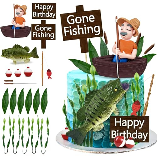 KDPATFAV 21 PCS Gone Fishing Cake Toppers - Fisherman, Fish, Boat & Accessories - Multi-purpose Occasion - Multicolored