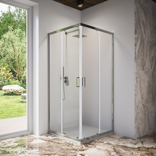 Box Doccia Angolare Due Ante Scorrevoli Cristallo Temperato 6mm Profili Squadrati Cromati Altezza 185 cm - Tonga (Vetro Trasparente, 80x80)