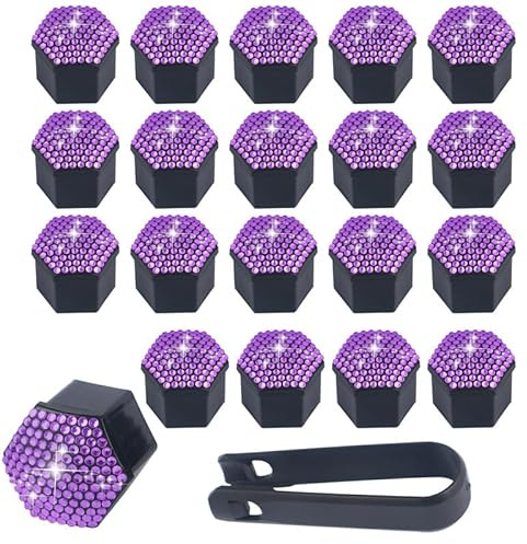 SYSUII 17mm Auto Radschraubenkappen, 20 Stück Radmutternkappen Mit Entfernung Werkzeug Sechskant-Reifen Bling Diamant Muttern-abdeckungen Radbolzen Kappen Rad Mutter Cap Radbolzen Schutz Cover-Lila