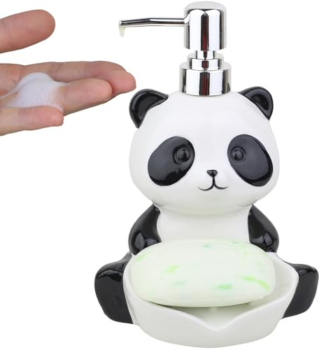 Keramik-Panda-förmiger Seifenspender mit Pumpe, 2-in-1-Seifenspender und Seifenschale, niedliche Panda-förmige Lotionsflasche für Küche, Wäscherei, Badezimmerarbeitsplatten