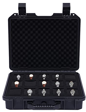 SUONTY 15 griglie per orologi, valigetta per orologi, con cuscino estraibile, vetrina, custodia per gioielli, impermeabile, nero