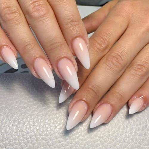 Ceboic French False Nails, 24Pcs Almond Long Press on Nails Sparkling Elegant Fake Nails with Glue Stickers, Acrylic Full Cover Glue on Nail, Natural & Reusable Stick on Nail for Women Daily Wear
