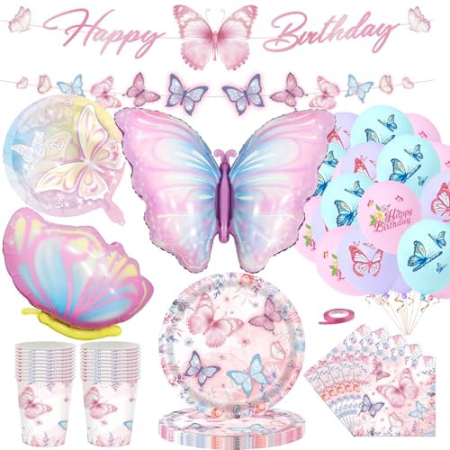 Schmetterling Geburtstagsdeko Mädchen,80stück Schmetterling Party Deko Zubehör Geschirrset Rosa,Luftballons Geburtstag Pappteller Folienballon Servietten Partygeschirr Kindergeburtstag 20 Gäste